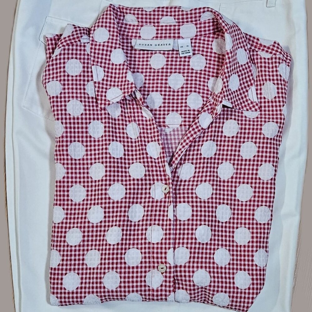 Susan Graver Woven Polka Dot Sleeveless Button-Front Shirt A395095